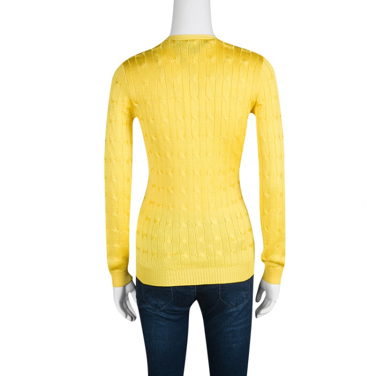 Pre Owned Ralph Lauren Yellow Silk Cable Knit Cardigan S