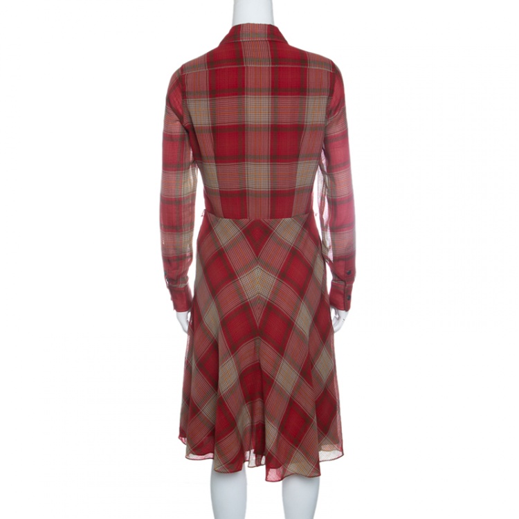 مملوكة مسبقًا Ralph Lauren Red Cotton Plaid Long Sleeve Shirt Dress S