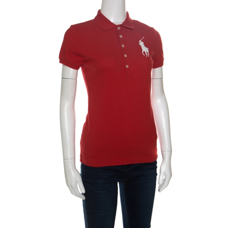 Pre Owned Ralph Lauren Red Logo Embroidered Skinny Fit Polo T-Shirt S 