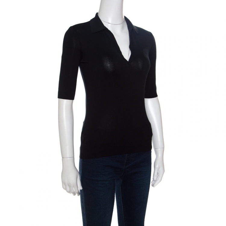 مملوكة مسبقًا Ralph Lauren Black Stretch Rib Knit Logo Embroidered Fitted Polo Shirt XS