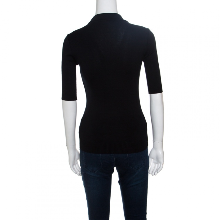 مملوكة مسبقًا Ralph Lauren Black Stretch Rib Knit Logo Embroidered Fitted Polo Shirt XS