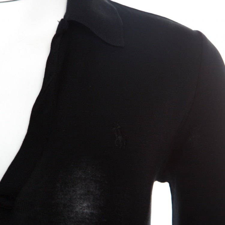 مملوكة مسبقًا Ralph Lauren Black Stretch Rib Knit Logo Embroidered Fitted Polo Shirt XS