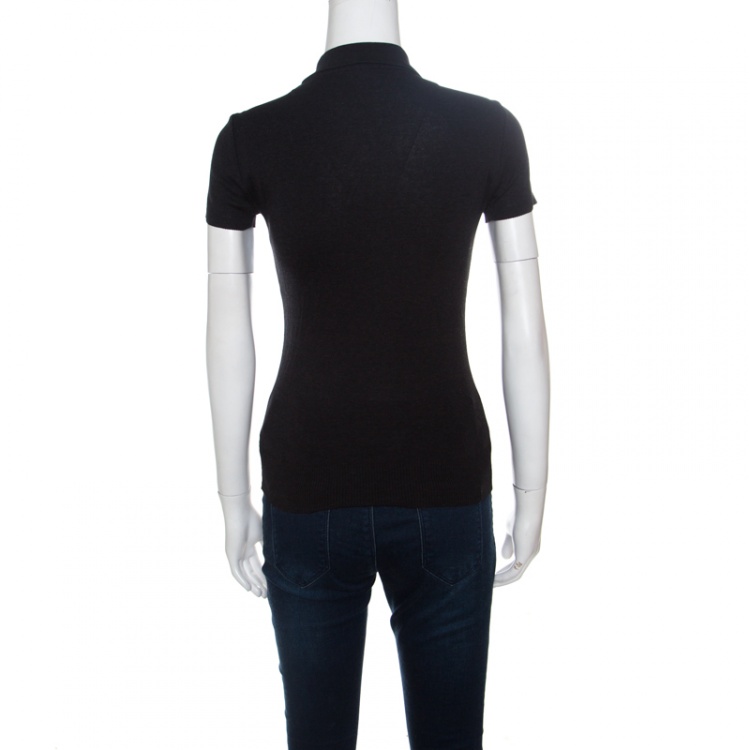 Pre Owned Ralph Lauren Grey Stretch Rib Knit Logo Embroidered Fitted Polo T-Shirt XS