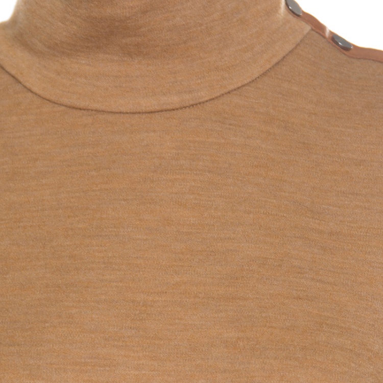 Pre Owned Ralph Lauren Tan Brown Wool Jersey Leather Trim High Neck Shift Dress XL