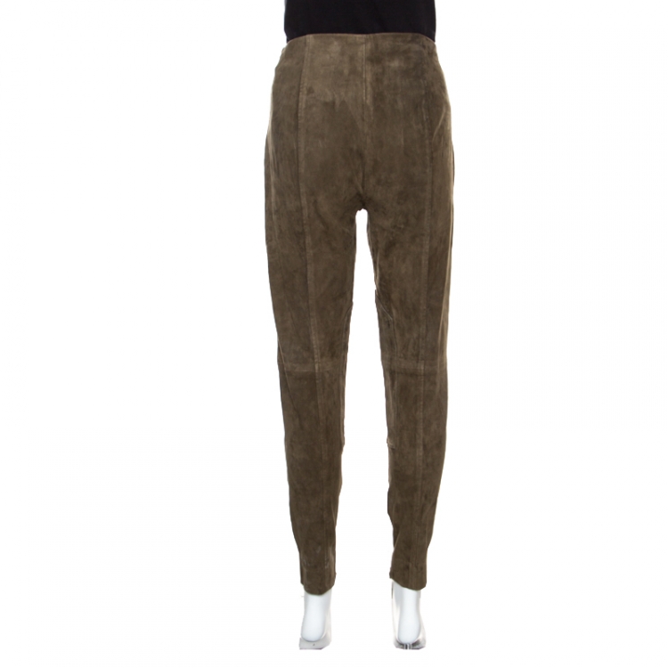 Pre Owned Ralph Lauren Khaki Stretch Suede Skinny Jamie Pants L
