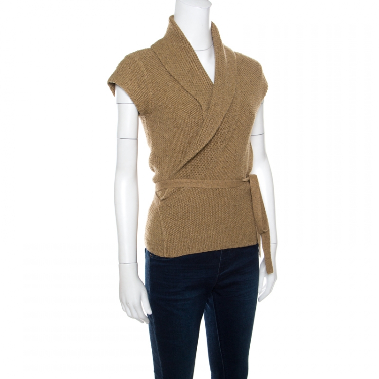 Pre Owned Ralph Lauren Sand Brown Hand Knit Cap Sleeve Wrap Cardigan M