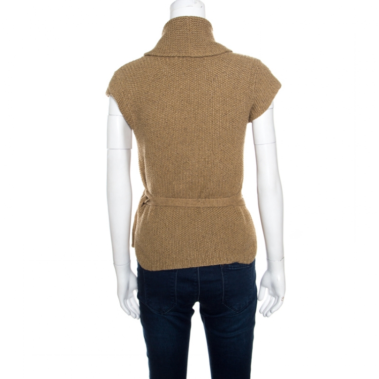 Pre Owned Ralph Lauren Sand Brown Hand Knit Cap Sleeve Wrap Cardigan M