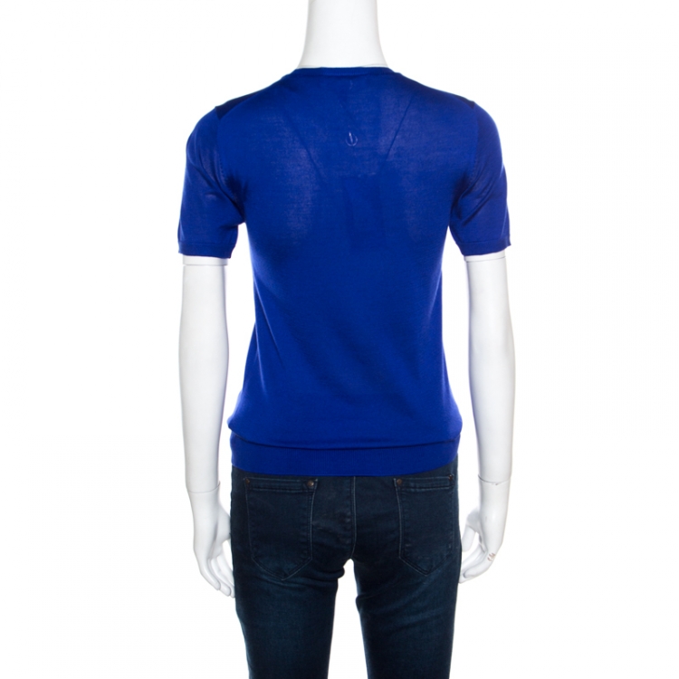Pre Owned Ralph Lauren Cobalt Blue Silk Knit Short Sleeve Top S