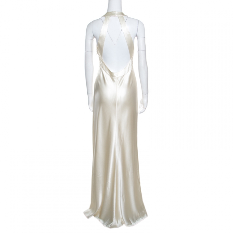 Pre Owned Ralph Lauren Off White Silk Satin Cutout Back Detail Sleeveless Gown M