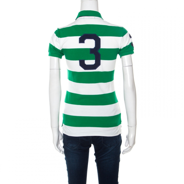 Pre Owned Ralph Lauren Green and White Striped Honeycomb Knit Logo Embroidered Polo T-Shirt S