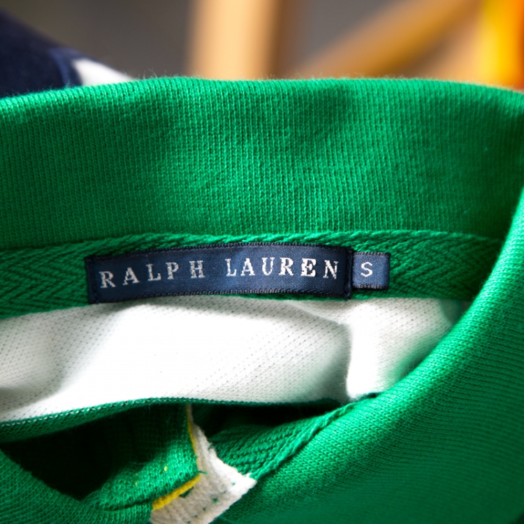 Pre Owned Ralph Lauren Green and White Striped Honeycomb Knit Logo Embroidered Polo T-Shirt S