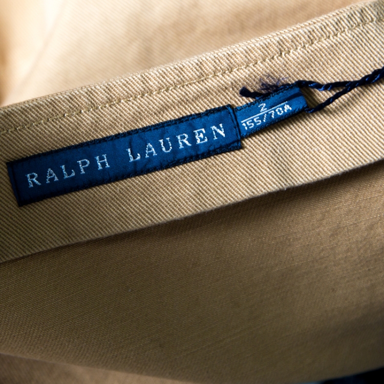 Pre Owned Ralph Lauren Tan Brown Cotton Leather Trim Wrap Skirt S
