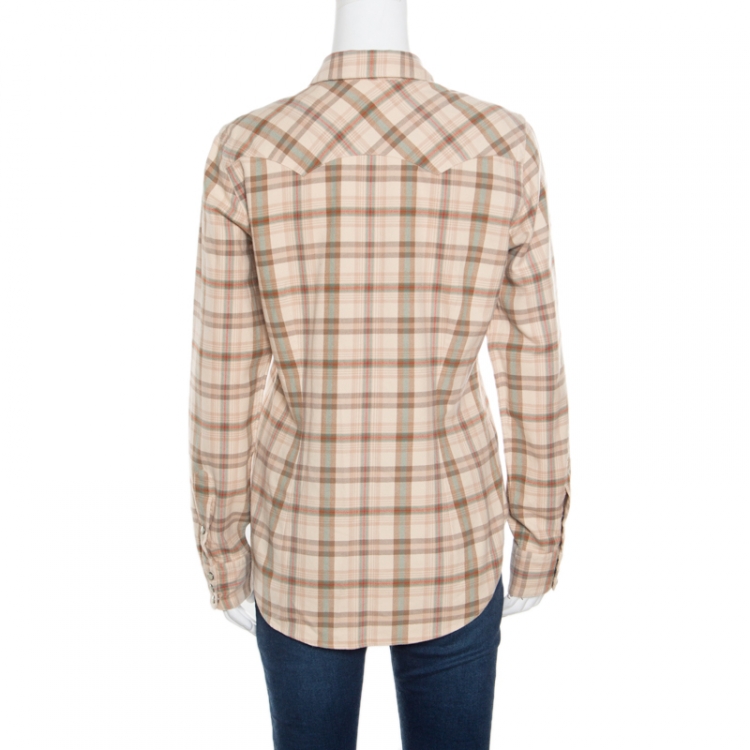 Pre Owned Ralph Lauren Beige Checked Cotton Knit Long Sleeve Slim Fit Shirt L