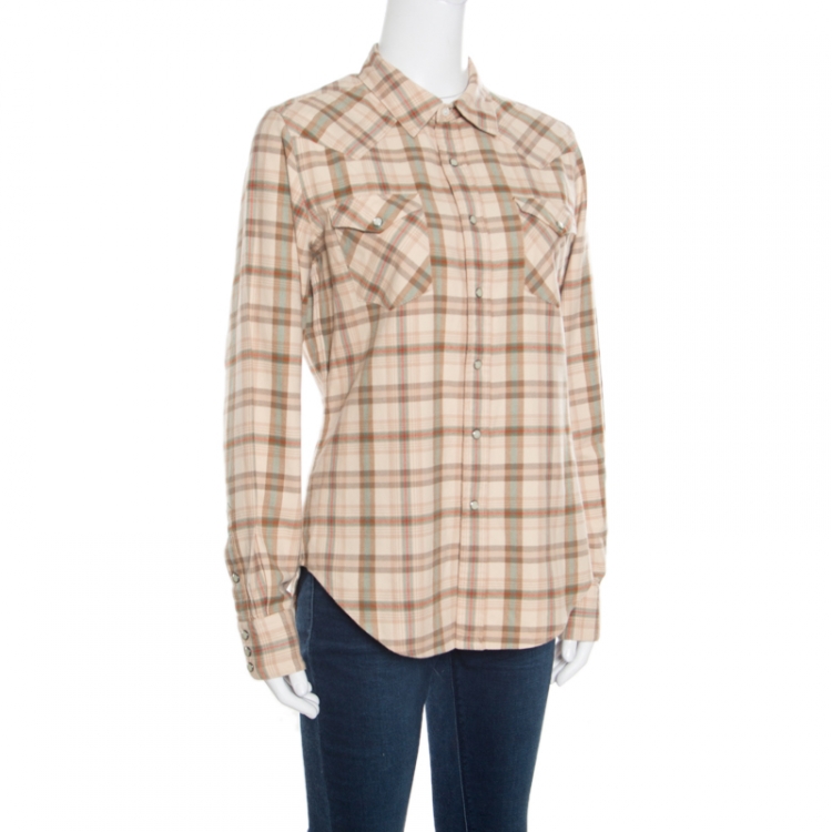 Pre Owned Ralph Lauren Beige Checked Cotton Knit Long Sleeve Slim Fit Shirt L