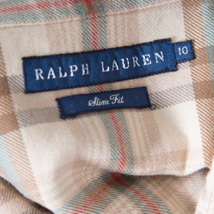 Pre Owned Ralph Lauren Beige Checked Cotton Knit Long Sleeve Slim Fit Shirt L