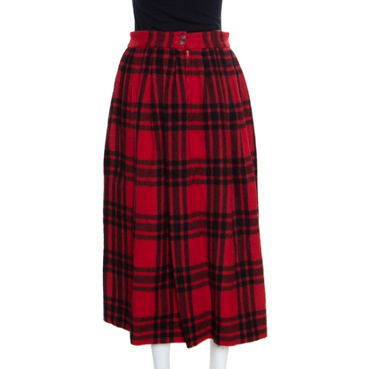 Pre Owned Ralph Lauren Red and Black Plaid Wool Pleated Midi Skirt L