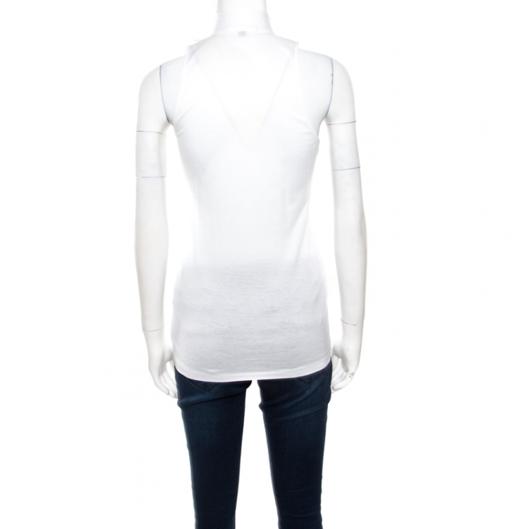 Pre Owned Ralph Lauren Off White Cotton Ruffled Front Silk Detail Sleeveless Blouse S