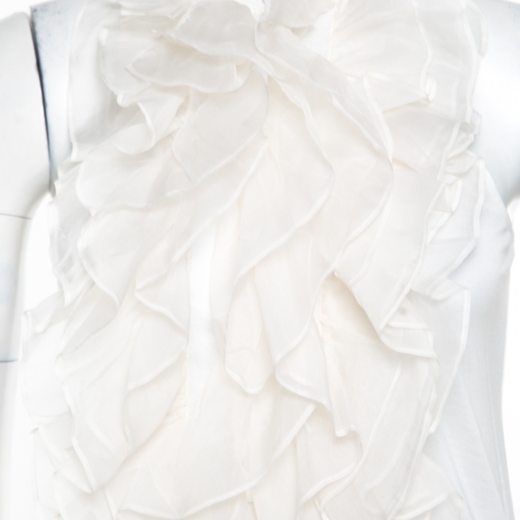 Pre Owned Ralph Lauren Off White Cotton Ruffled Front Silk Detail Sleeveless Blouse S