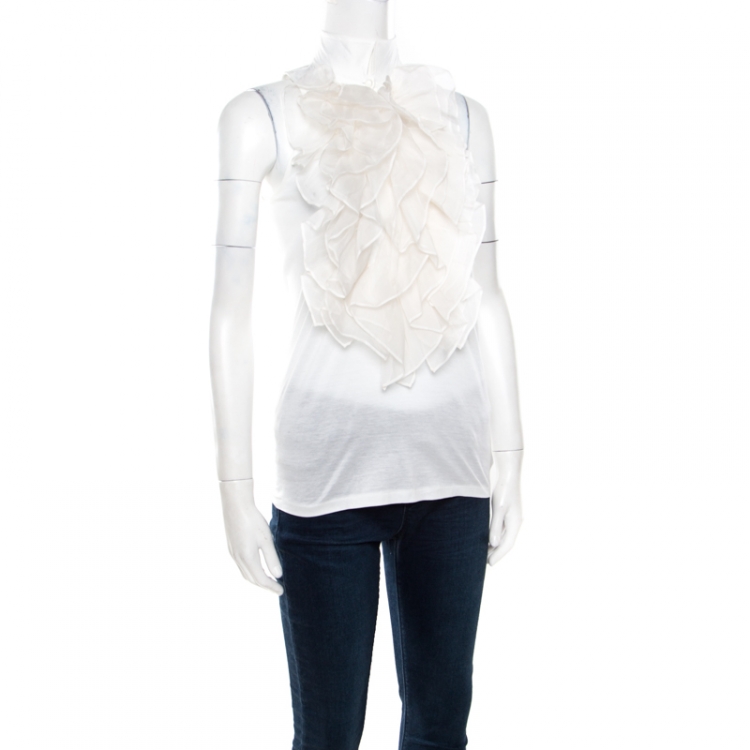 Pre Owned Ralph Lauren Off White Cotton Ruffled Front Silk Detail Sleeveless Blouse S