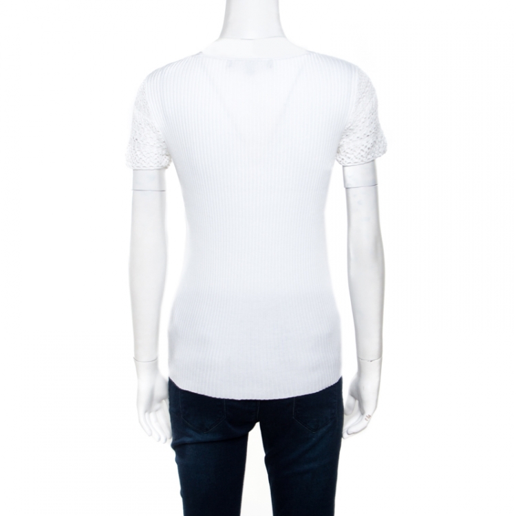 Pre Owned Ralph Lauren White Ribbed Knit Lace Sleeve Detail Fitted Top S