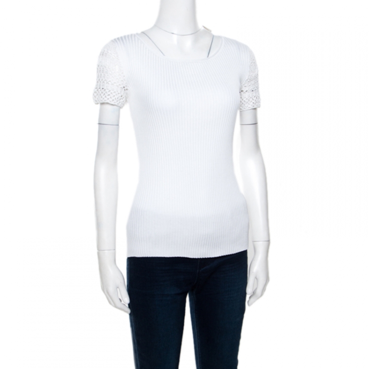 Pre Owned Ralph Lauren White Ribbed Knit Lace Sleeve Detail Fitted Top S