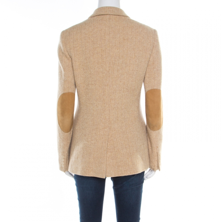 Pre Owned Ralph Lauren Beige Chevron Patterned Wool Button Front Blazer M