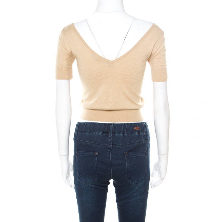 Pre Owned Ralph Lauren Beige Cotton and Cashmere Blend V Neck Cropped Sweater XS