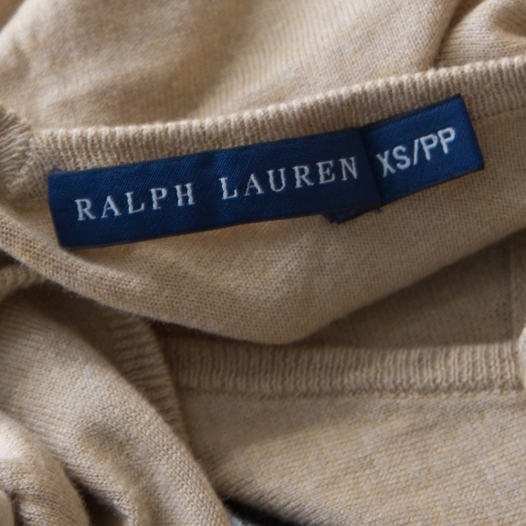 Pre Owned Ralph Lauren Beige Cotton and Cashmere Blend V Neck Cropped Sweater XS