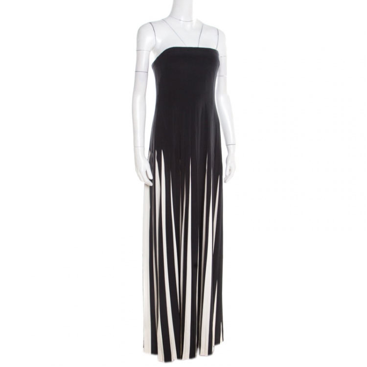 Pre Owned Ralph Lauren Collection Monochrome Striped Silk Pleated Strapless Dress M