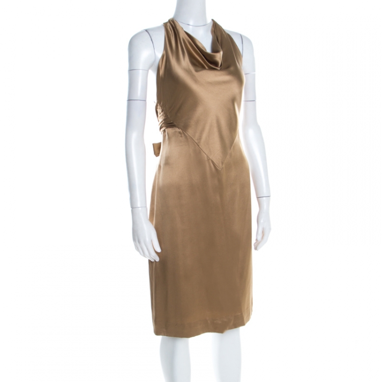 Pre Owned Ralph Lauren Gold Satin Draped Cowl Neck Halter Mini Dress M