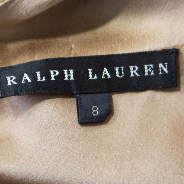 Pre Owned Ralph Lauren Gold Satin Draped Cowl Neck Halter Mini Dress M