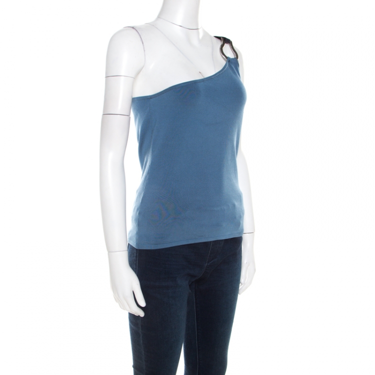 مملوكة مسبقًا Ralph Lauren Blue Stretch Jersey One Shoulder Leather Strap Detail Top M 