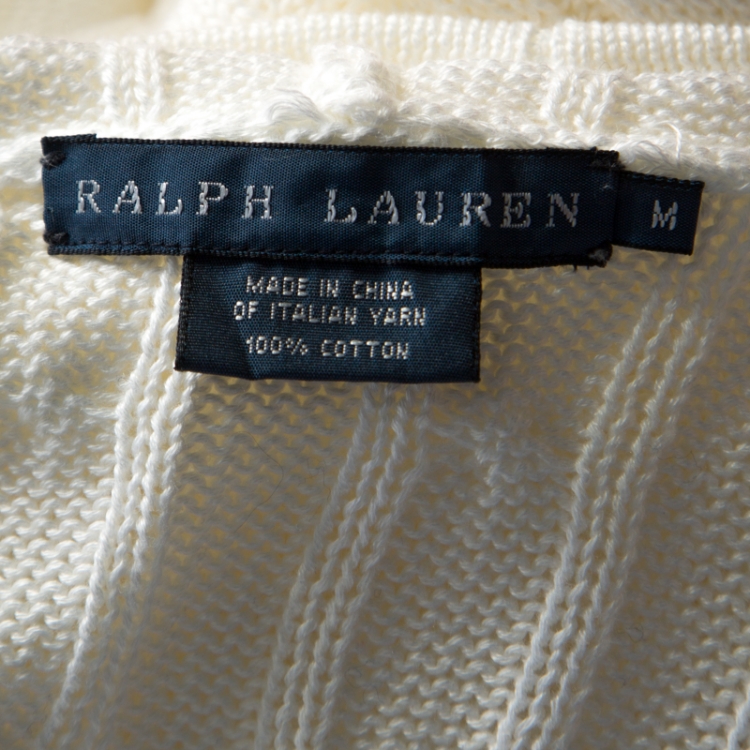 Pre Owned Ralph Lauren White Cable Knit Waterfall Lapel Open Front Cardigan M 