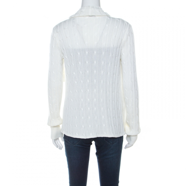 Pre Owned Ralph Lauren White Cable Knit Waterfall Lapel Open Front Cardigan M 