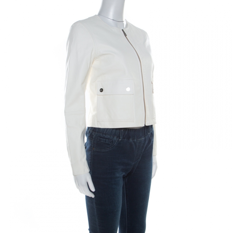 Pre Owned Ralph Lauren White Leather Ruched Waist Cropped Jacket S
