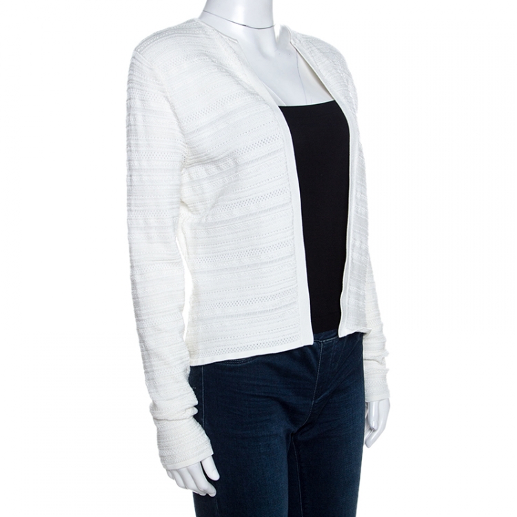 مملوكة مسبقًا Ralph Lauren White Textured Knit Open Front Cardigan M
