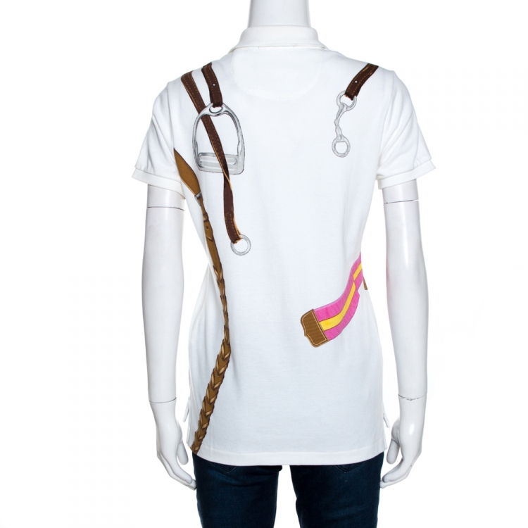 مملوكة مسبقًا Ralph Lauren White Equestrian Print Cotton Skinny Polo T-Shirt M