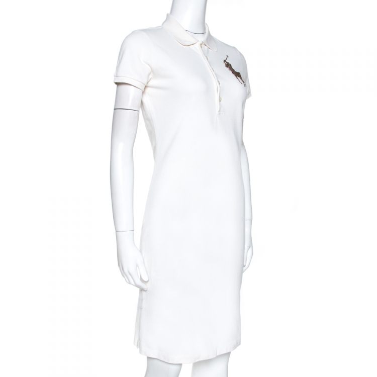 Pre Owned Ralph Lauren Off White Cotton Sequined Logo Polo Dress S