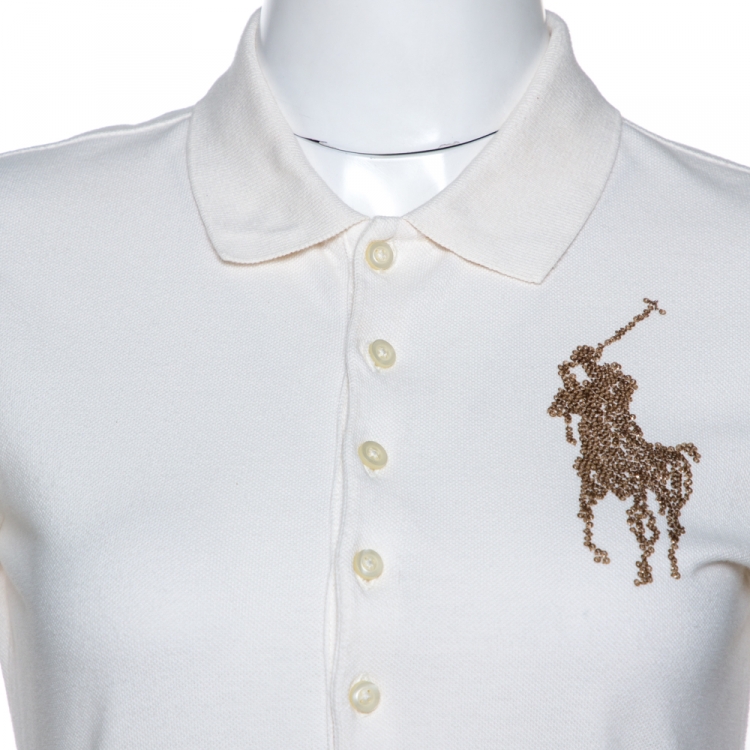 Pre Owned Ralph Lauren Off White Cotton Sequined Logo Polo Dress S