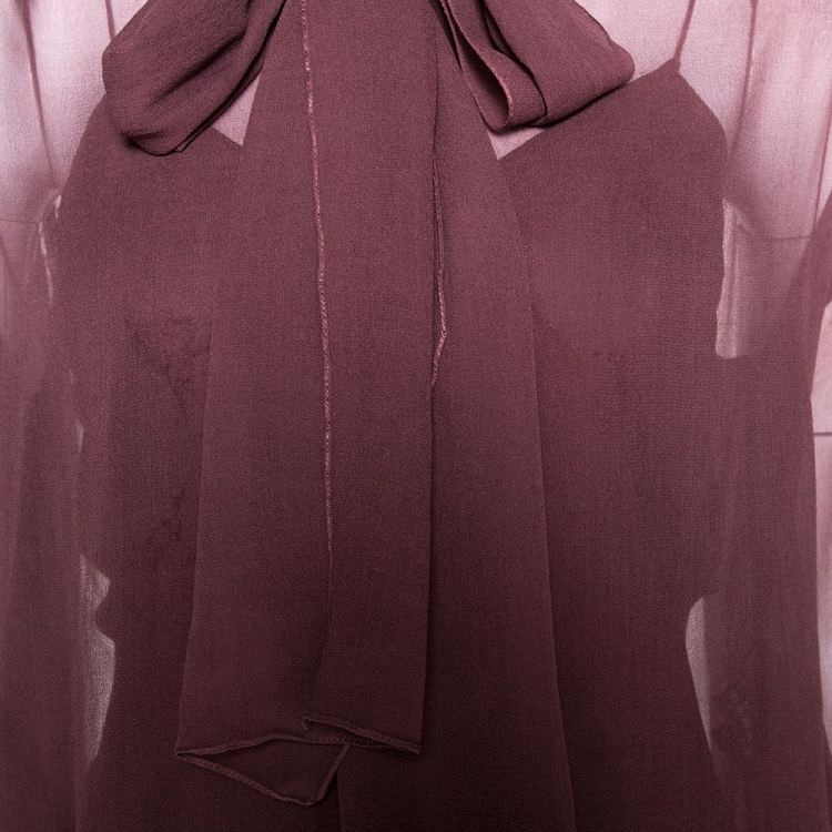 Pre Owned Ralph Lauren Plum Brown Silk Chiffon Tie Detail Blouse S 