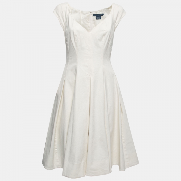 Pre Owned Ralph Lauren White Cotton Flared Box-Pleated Dress L