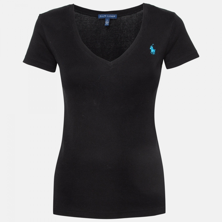 Pre Owned Ralph Lauren Black Cotton Knit V-Neck T-Shirt S