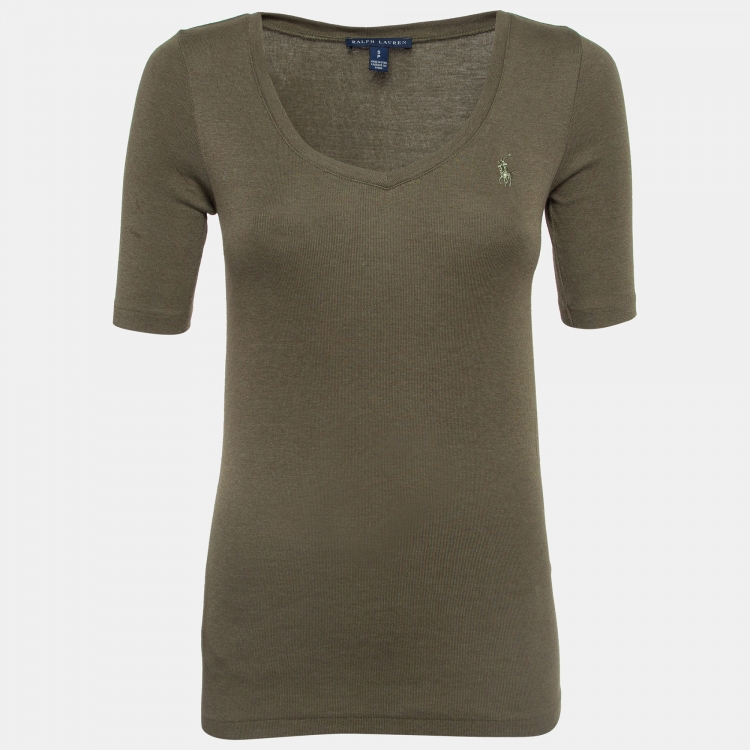 Pre Owned Ralph Lauren Olive Green Cotton knit V-Neck T-Shirt S