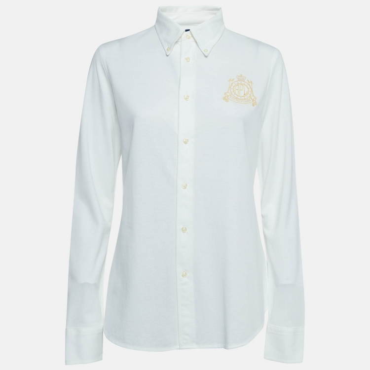 Pre Owned Ralph Lauren White Logo Embroidered Cotton Knit Shirt L