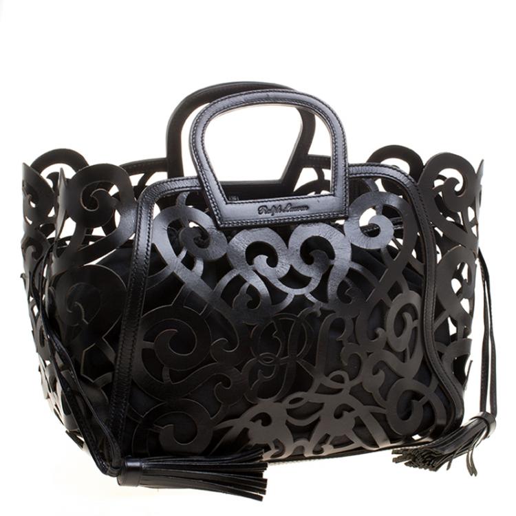 Pre Owned Ralph Lauren Black Leather Vachetta Scroll Tote