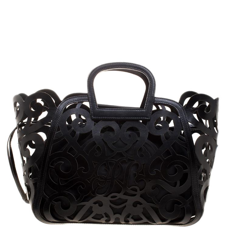 Pre Owned Ralph Lauren Black Leather Vachetta Scroll Tote