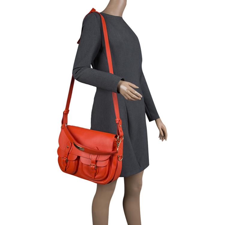Pre Owned Ralph Lauren Red Orange Leather Hunting Messenger Bag
