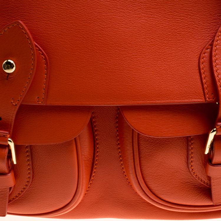 Pre Owned Ralph Lauren Red Orange Leather Hunting Messenger Bag