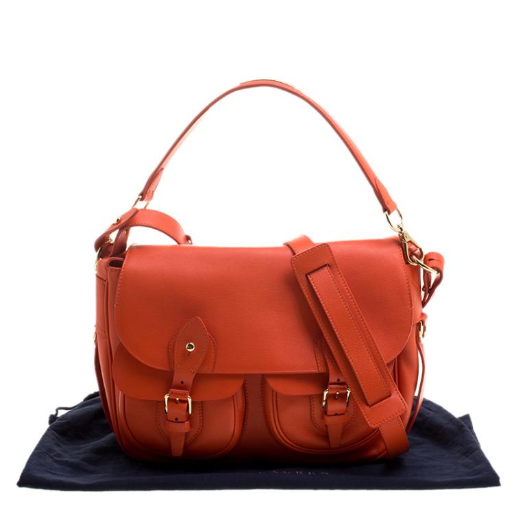 Pre Owned Ralph Lauren Red Orange Leather Hunting Messenger Bag