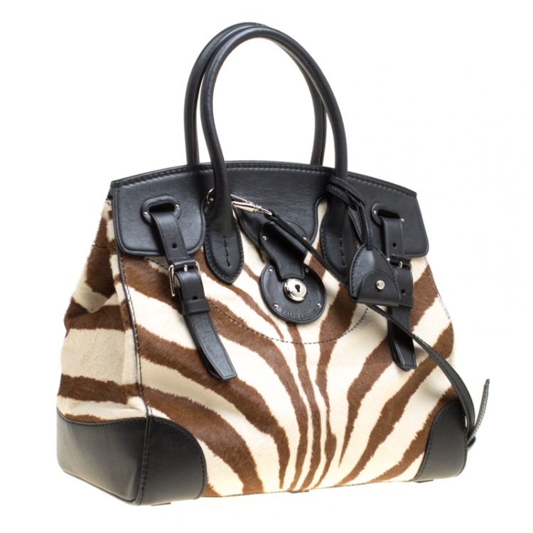 Pre Owned Ralph Lauren Black Zebra Print Pony Hair and Leather Ricky Tote